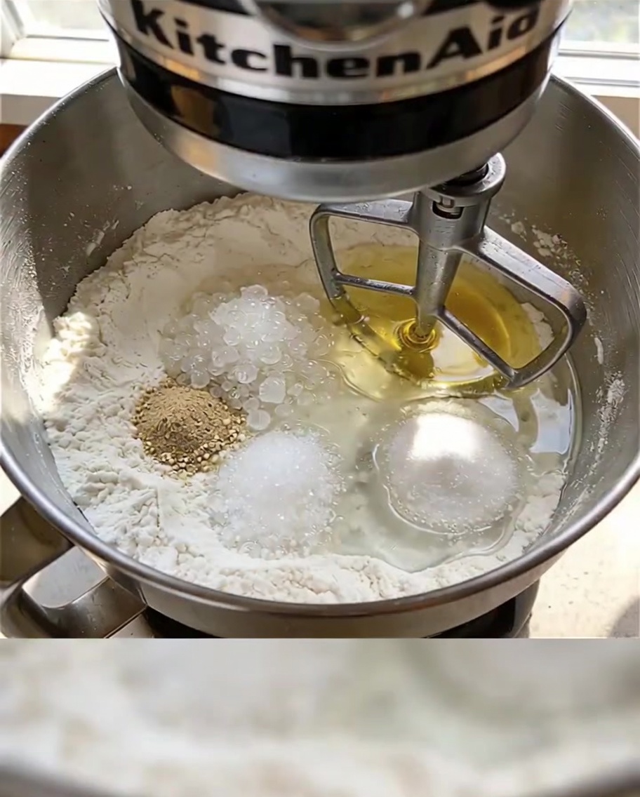 Primo piano della ciotola di unimpastatrice con farina, lievito, zucchero, sale, acqua e olio, pronta per essere azionata.