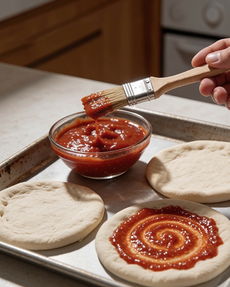 Un pennello da cucina stende uno strato di salsa di pomodoro su un disco di pasta per pizza sopra una teglia.