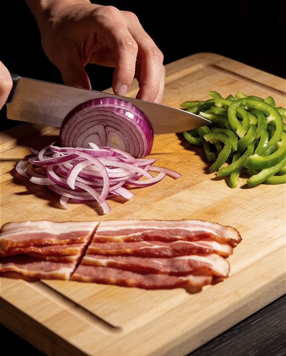 Strisce di cipolla rossa, peperoni verdi e fette di pancetta cruda disposte su un tagliere di legno.
