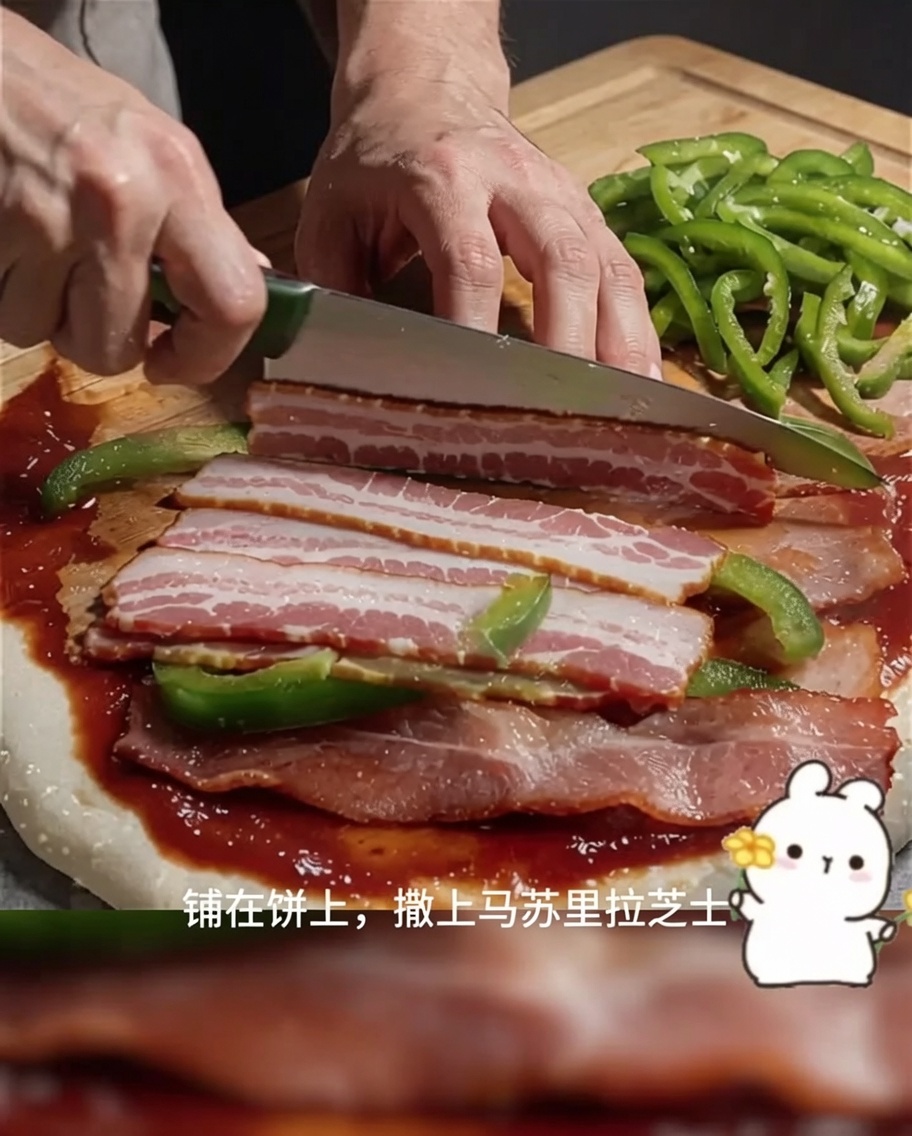 Una base per pizza guarnita con pancetta, peperoni e cipolla, mentre una mano aggiunge la mozzarella grattugiata.