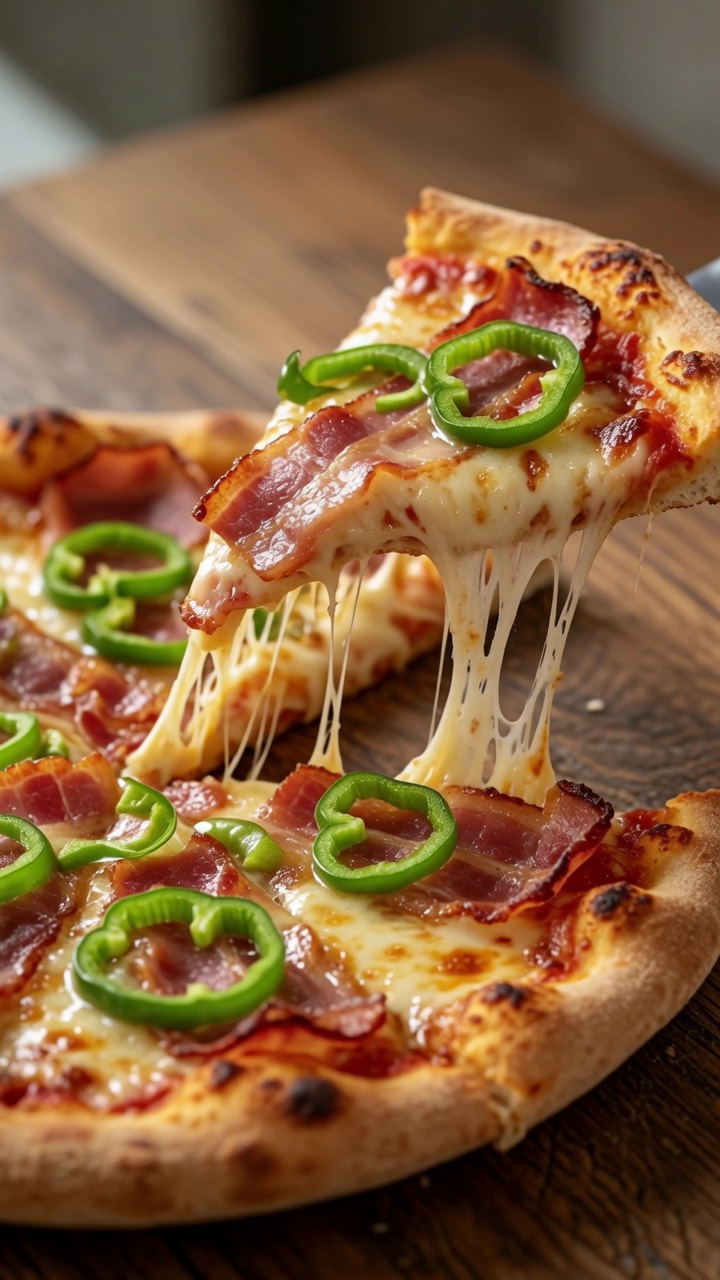 Una fetta di pizza appena sfornata, guarnita con mozzarella filante, pancetta saporita e peperoni verdi croccanti.