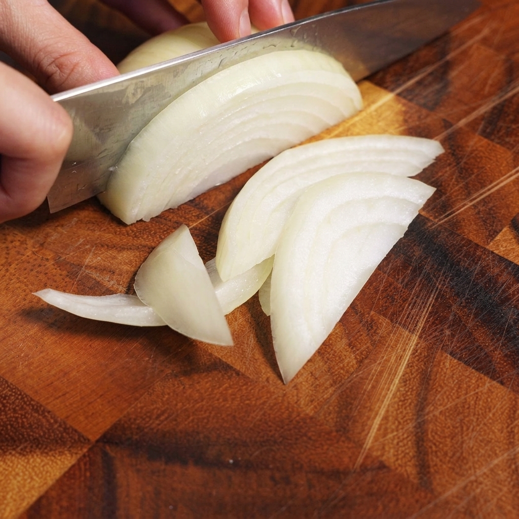 Fette di cipolla bianca su un tagliere di legno.
