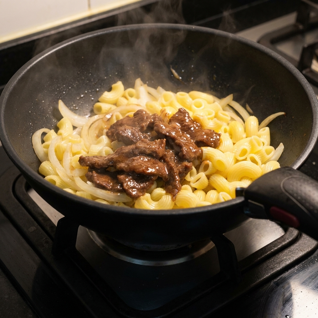 Fette di manzo scottate aggiunte di nuovo nella padella sopra i maccheroni e le cipolle.