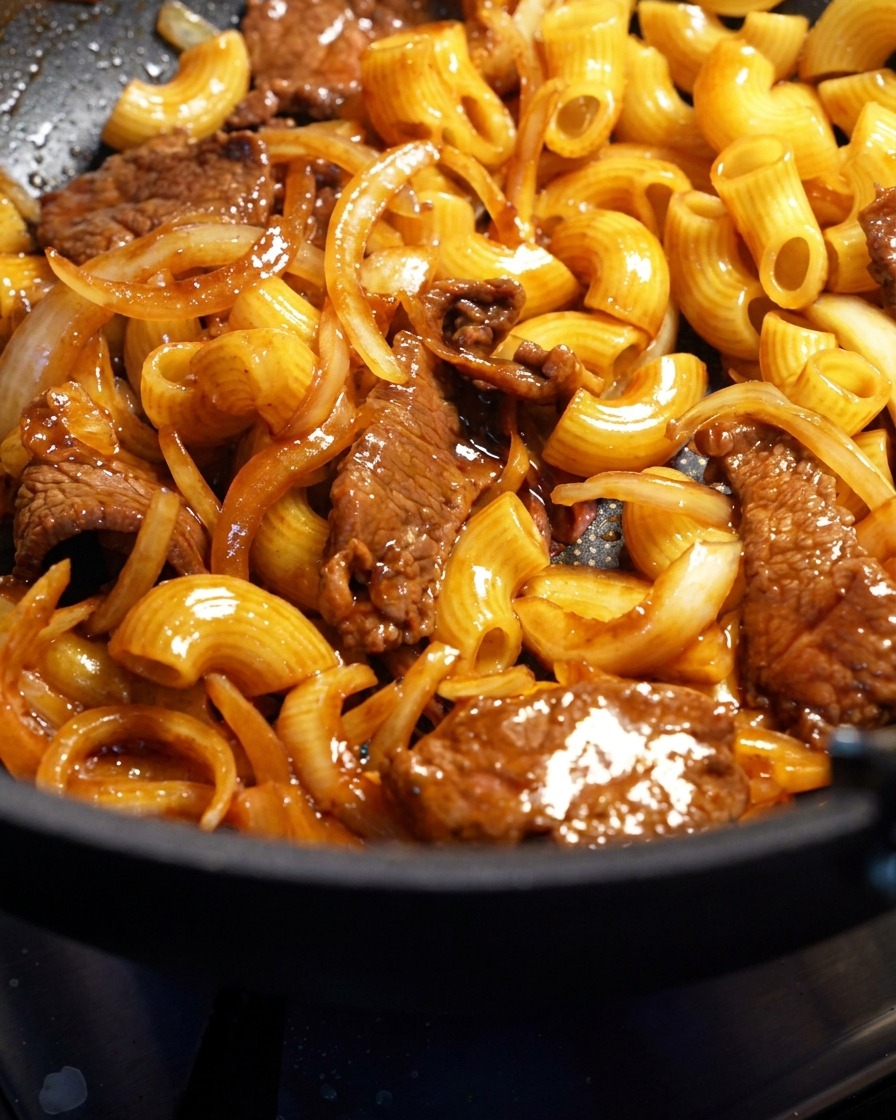 Maccheroni, teneri fette di manzo e cipolle saltati insieme in una salsa saporita allinterno di una padella.