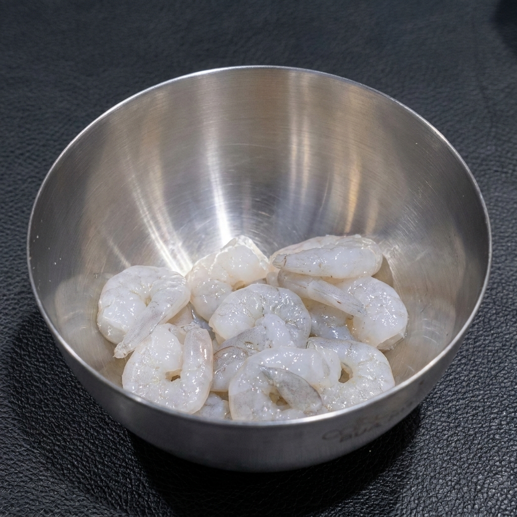 Gamberetti freschi e puliti in una ciotola di metallo, conditi con sale e pepe.