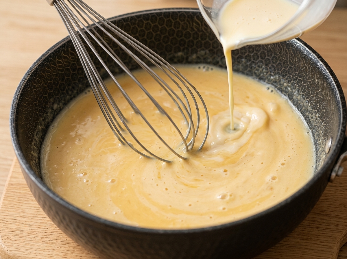 Latte e acqua versati in una padella con un roux, mescolati fino a ottenere una consistenza cremosa.