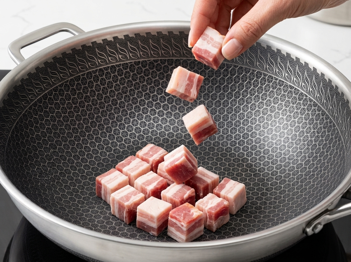 Cubetti di pancetta che rosolano in padella, diventando dorati con il grasso fuso sul fondo.