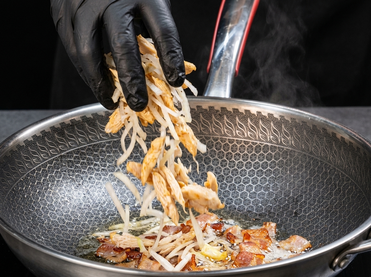 Gamberetti, cipolle e verdure aggiunti in una padella contenente cubetti di pancetta rosolata.