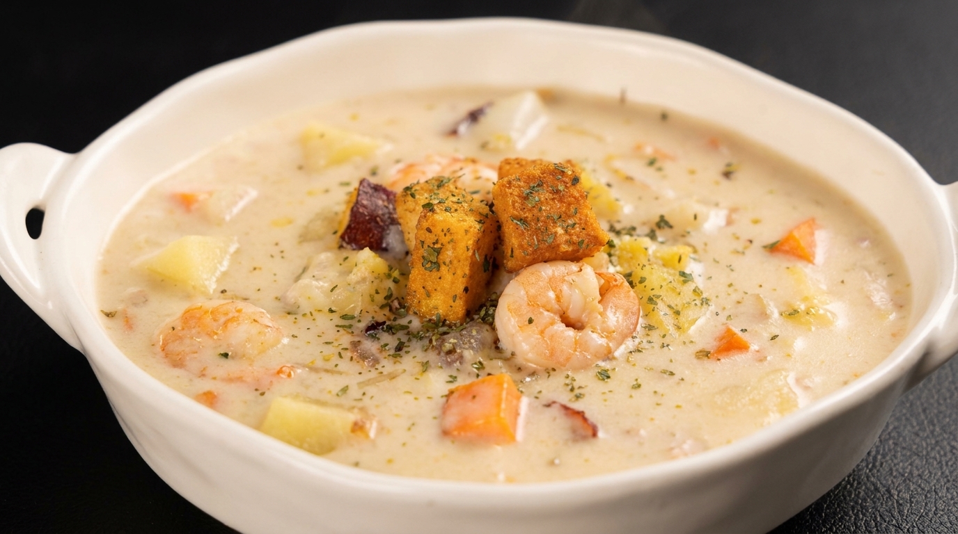 Una ciotola bianca colma di chowder cremoso ai frutti di mare, guarnita con crostini dorati e una spolverata di erbe essiccate.