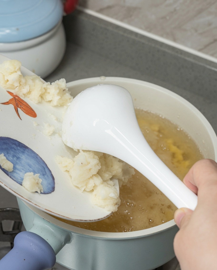 Crema di amido di castagne dacqua versata nella zuppa bollente per addensarla.