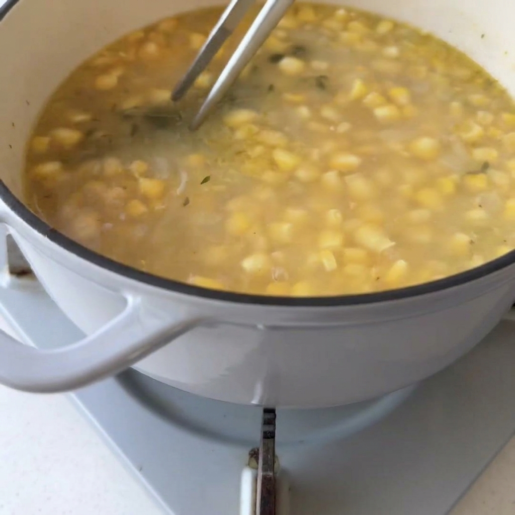 Pinze di metallo che estraggono un rametto di timo cotto da una pentola di zuppa di verdure.