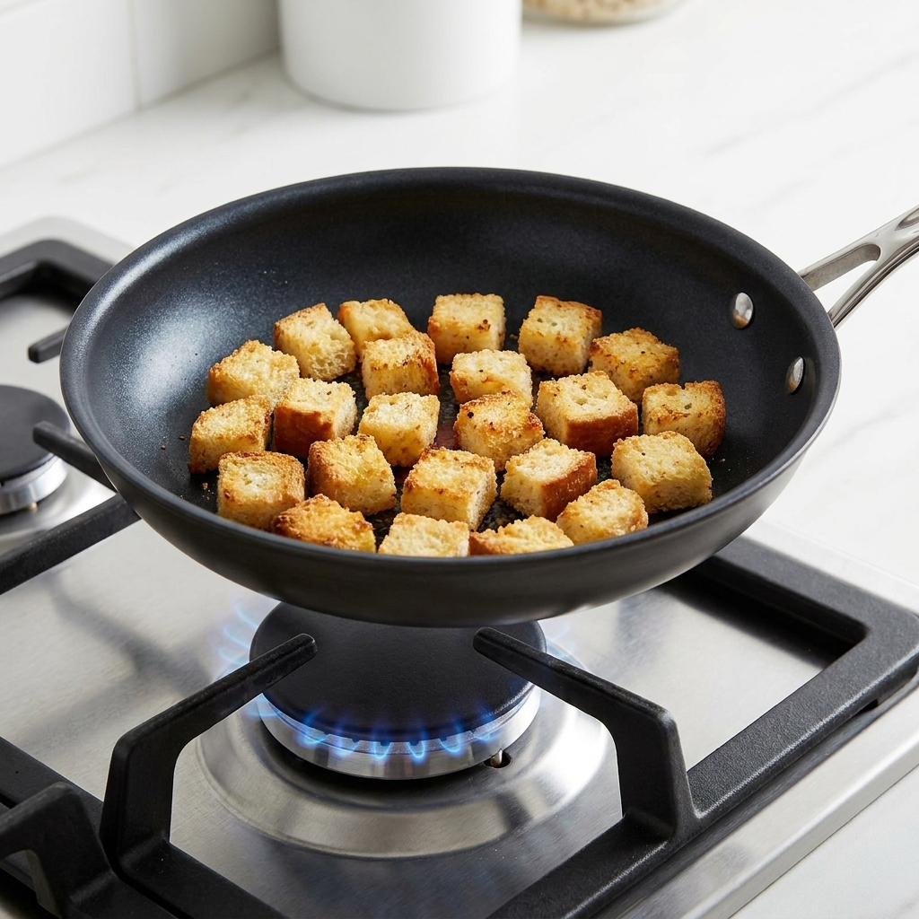 Piccoli cubetti di pane che diventano dorati in una padella antiaderente scura su un fornello a gas.