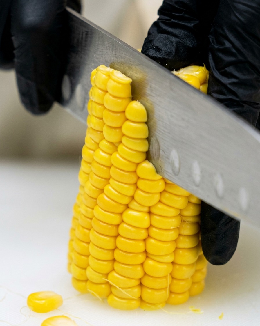 Una mano con guanto usa un coltello in acciaio inossidabile per tagliare i chicchi di mais giallo brillante da una pannocchia su un tagliere bianco.