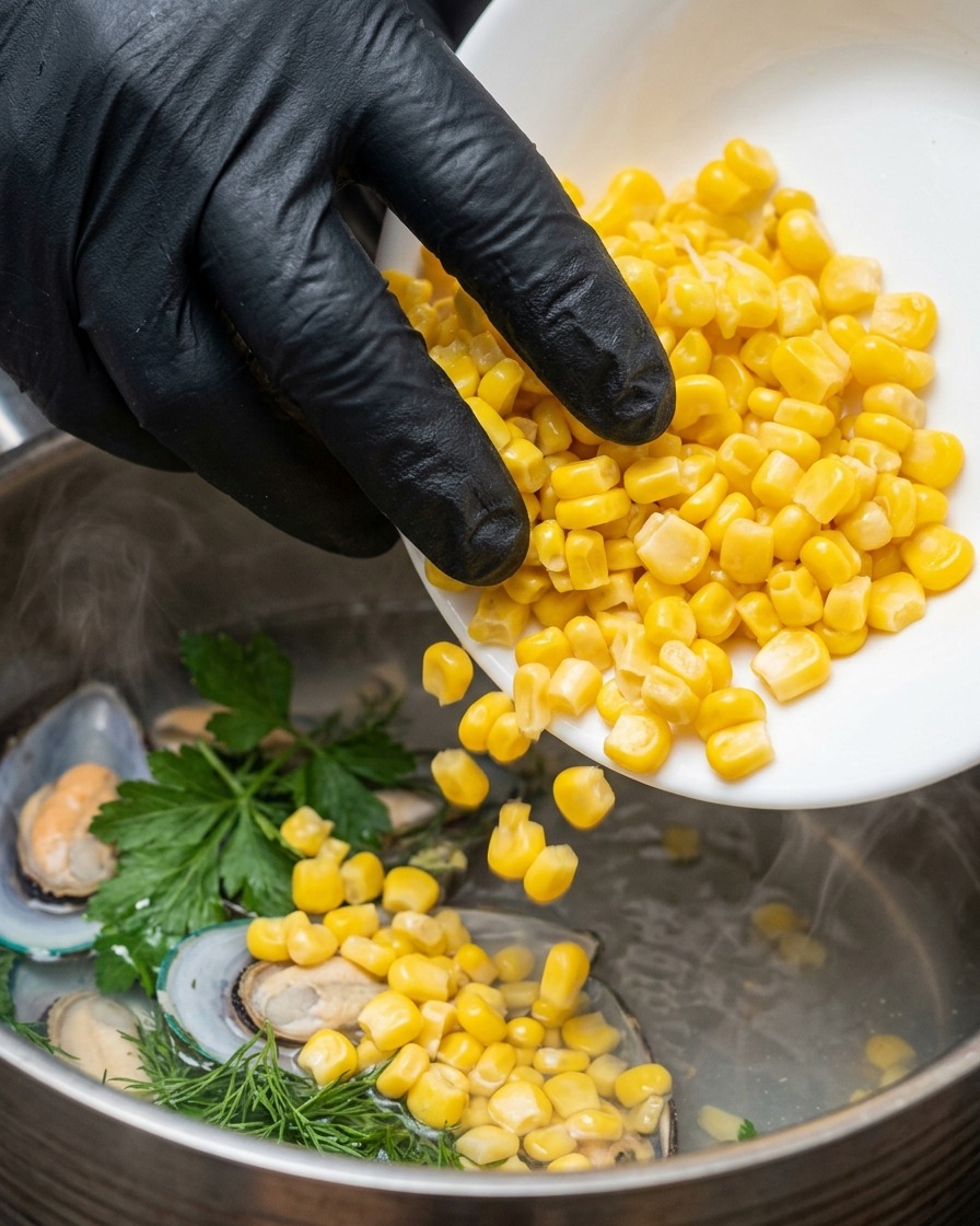 Una mano con guanto versa chicchi di mais giallo brillante da un piatto bianco in una pentola fumante di acqua bollente con erbe aromatiche.