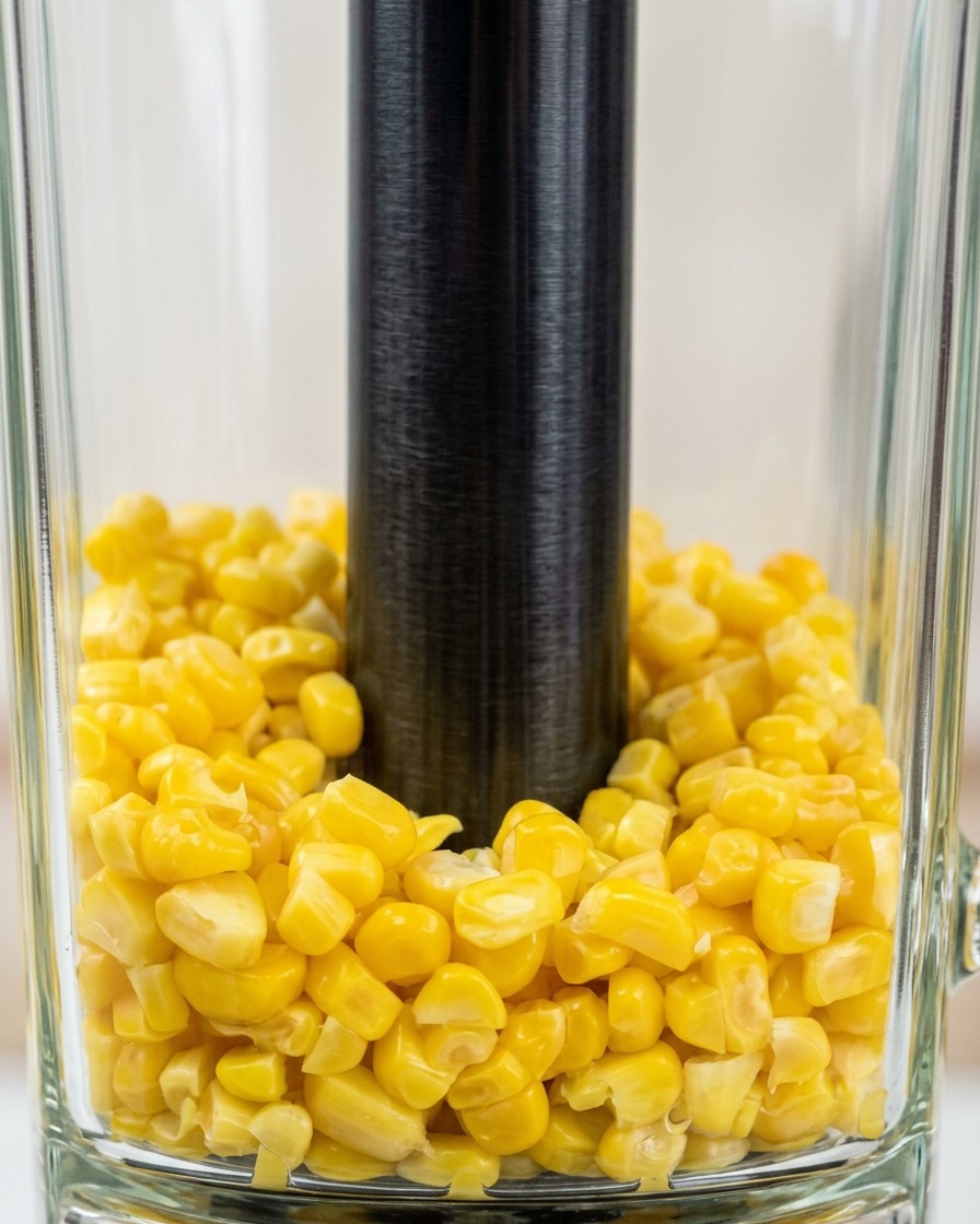 Una caraffa di frullatore in vetro piena di chicchi di mais giallo cotto, pronta per essere frullata.