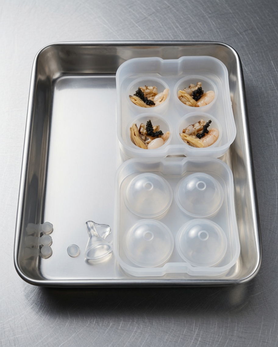 Uno stampo in silicone con scomparti a forma di sfera riempito con pezzi di gamberi e frutti di mare cotti.