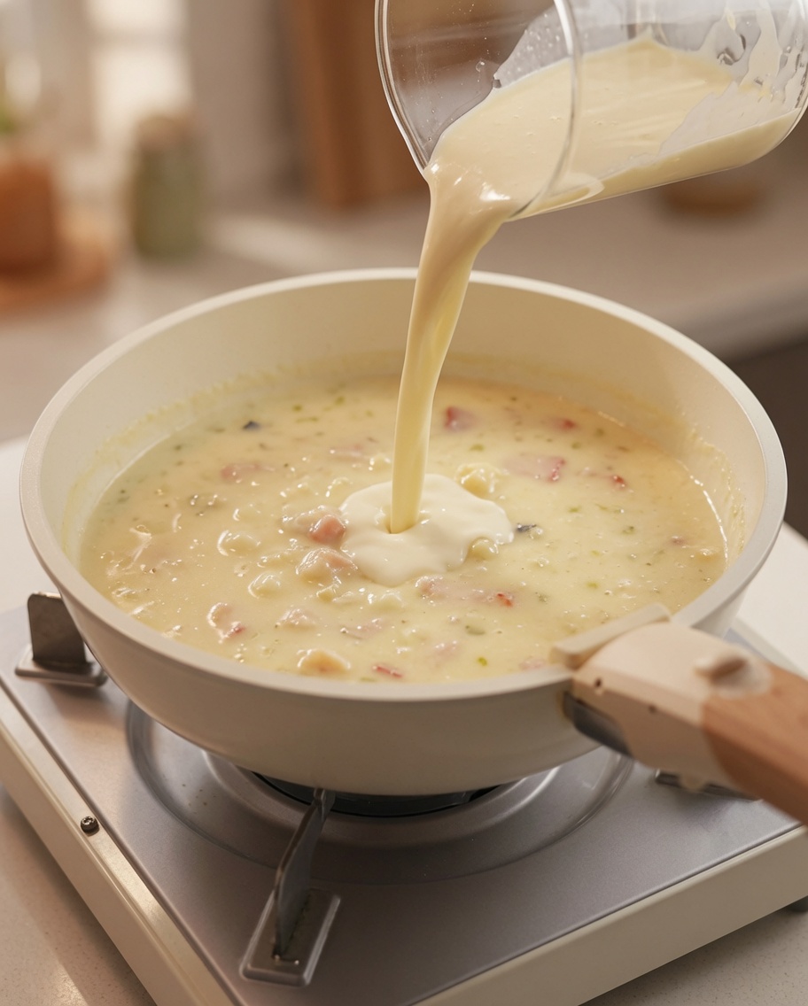 Panna liquida versata nella pentola della zuppa, amalgamandosi al composto.