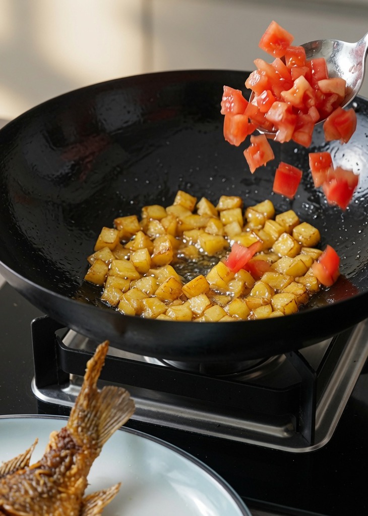 Pomodori a cubetti e patate saltati insieme in un wok.