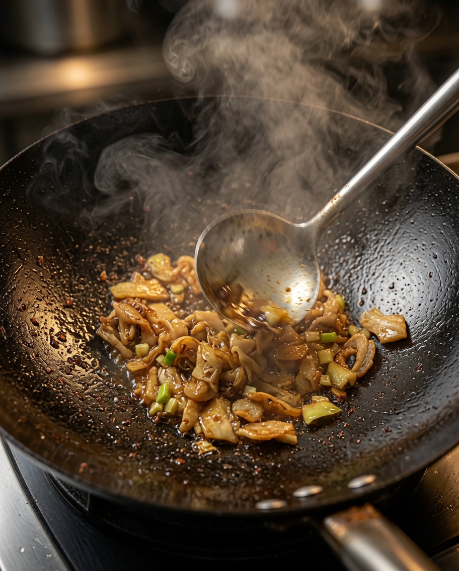 Patate fresche tagliate a fiammifero saltate nel wok con il maiale cotto e gli aromi.