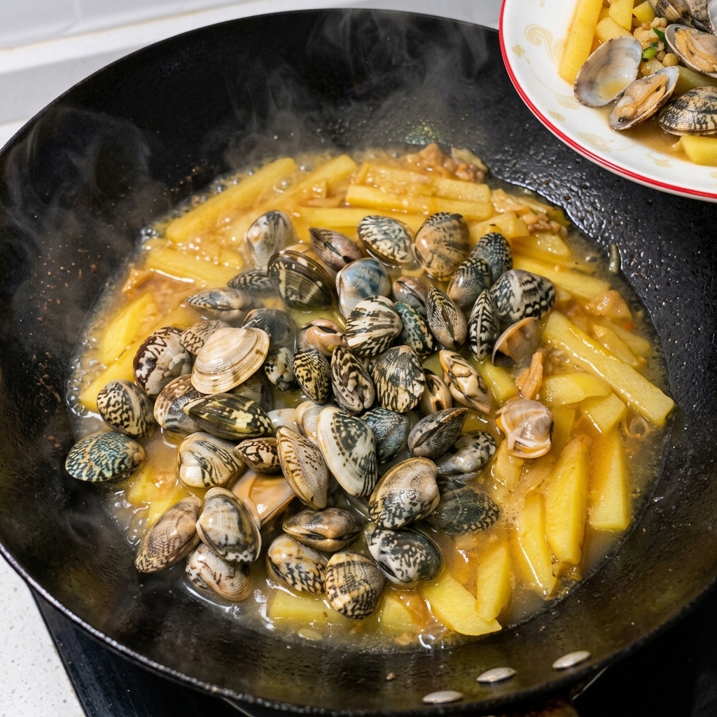 Vongole fresche versate nel wok con le patate morbide e il loro fondo di cottura.