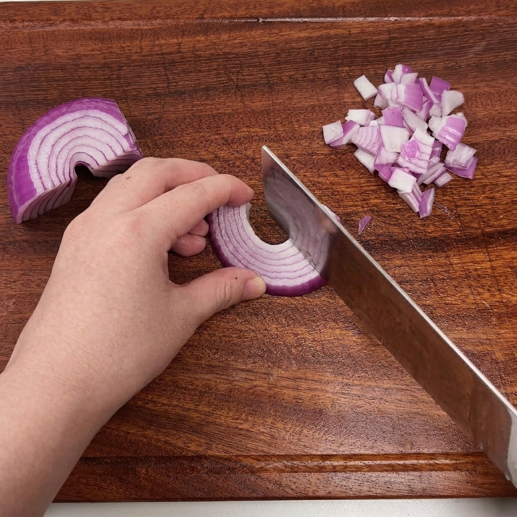 Una mano che utilizza un coltello da chef per tritare una cipolla rossa su un tagliere di legno.