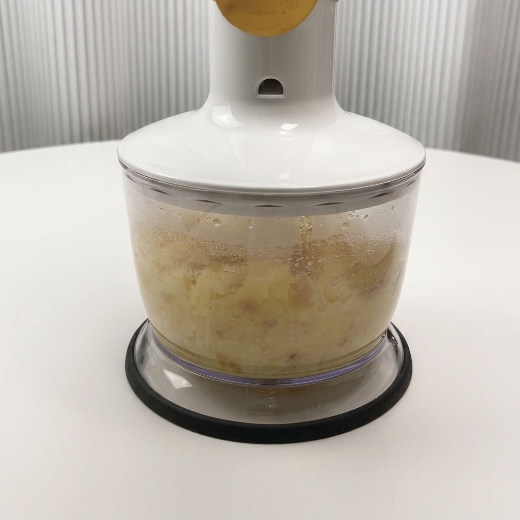 Patate cotte e liquido di cottura frullati allinterno di un mixer.