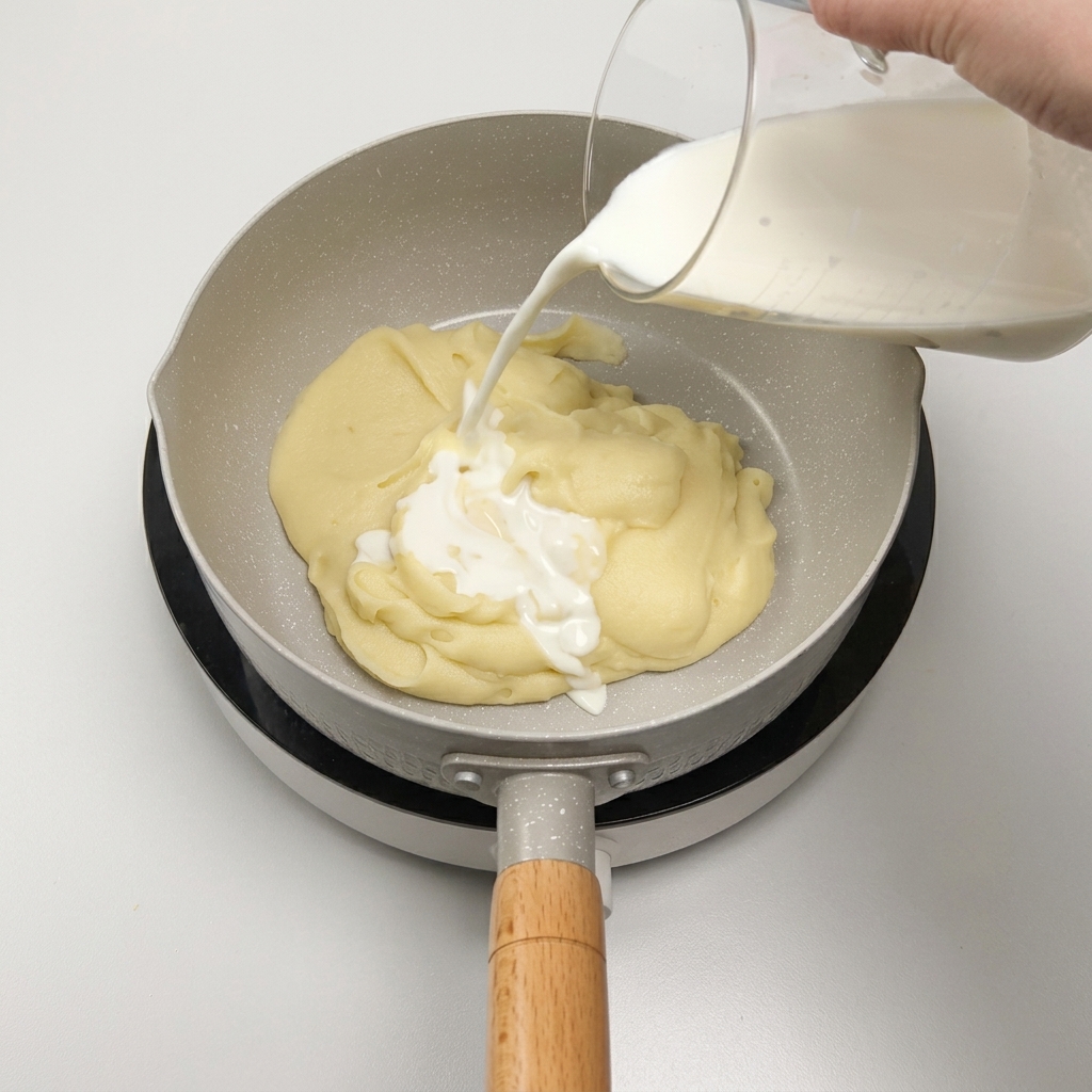 Versare il latte da un misurino in una padella con la purea di patate liscia.