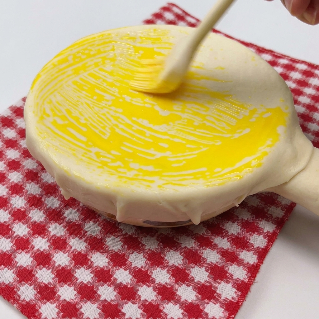 Una ciotola di zuppa coperta di pasta che viene spennellata con tuorlo duovo per una crosticina dorata.