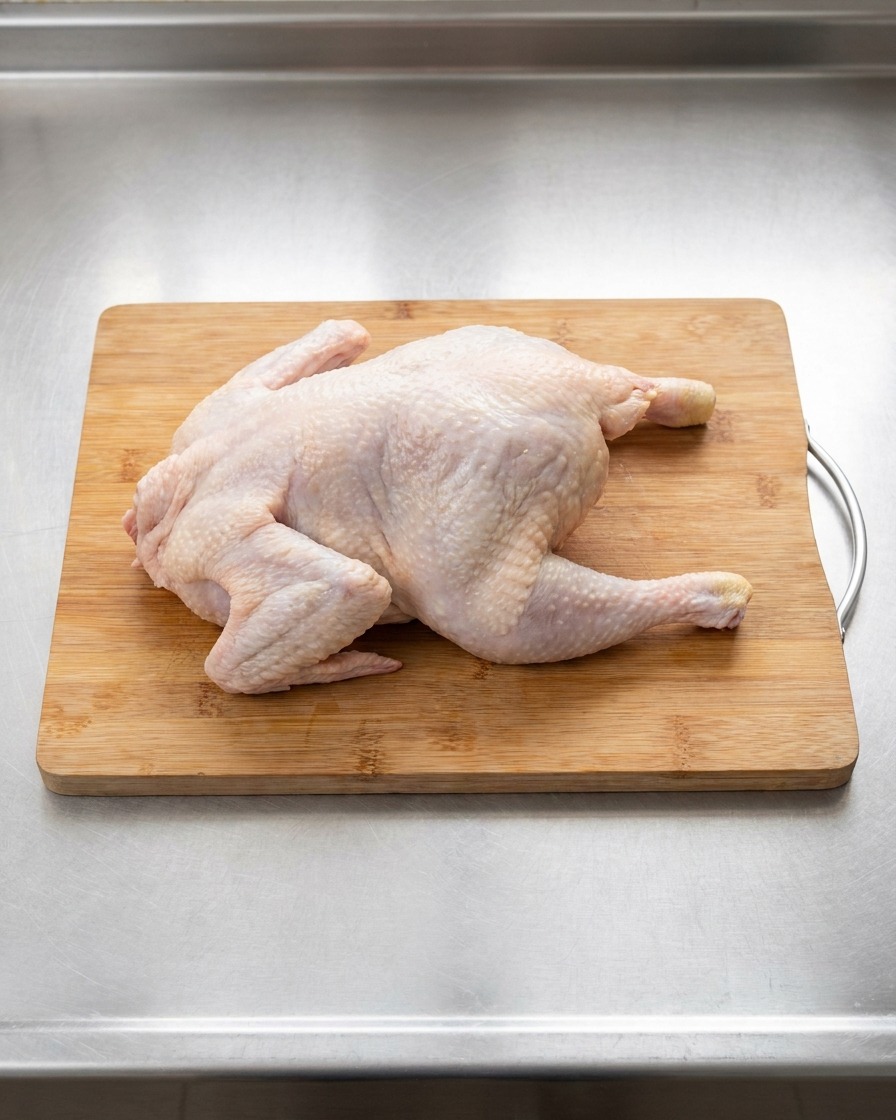 Un pollo intero su un tagliere di legno, pronto per essere tagliato a pezzi.