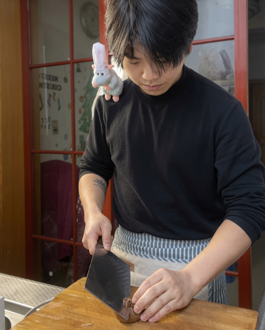 Primo piano delle mani di uno chef che usa un coltellino per incidere una croce decorativa sulla parte superiore di un fungo shiitake fresco.