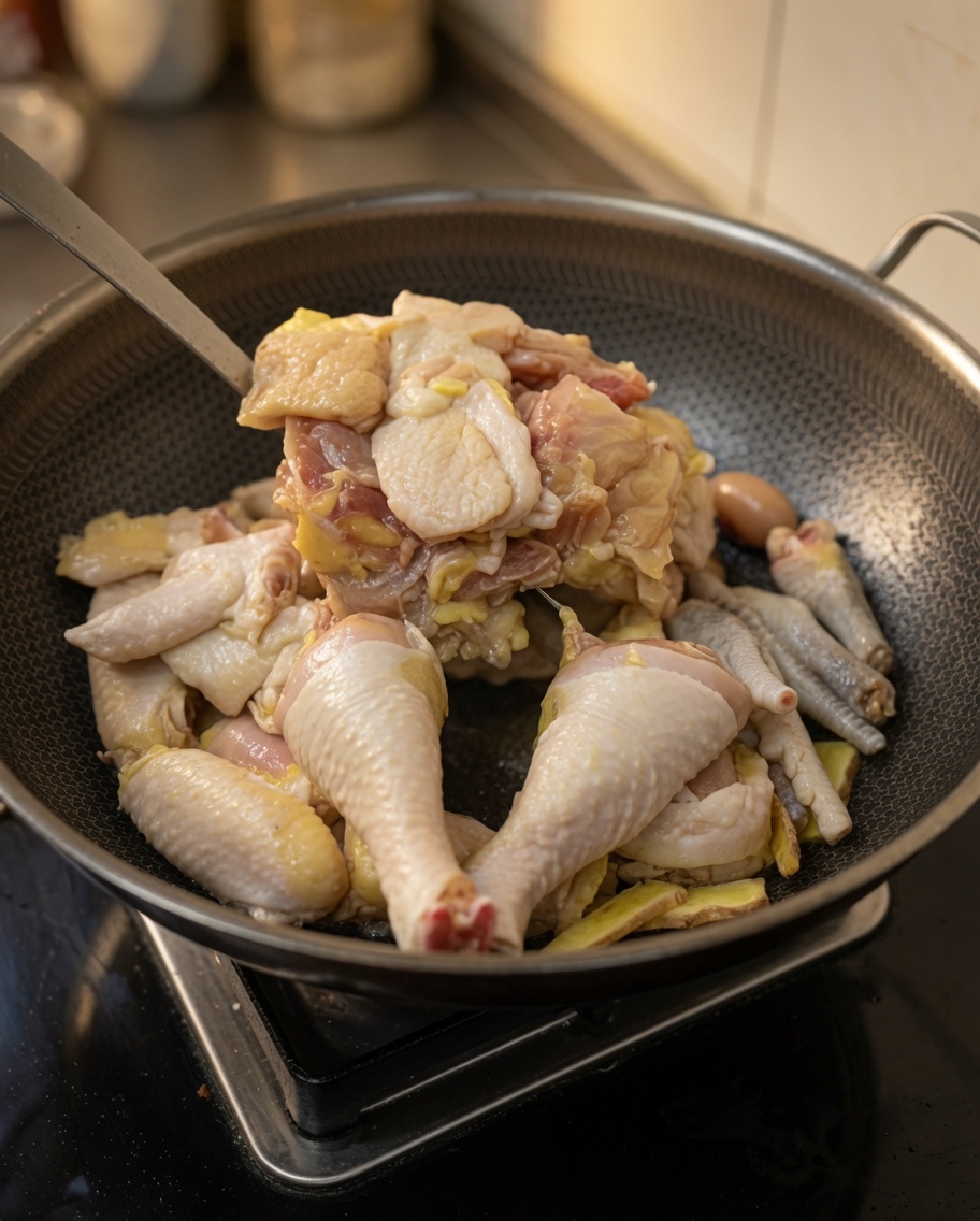 Pezzi di pollo saltati nel wok insieme allo zenzero, con la carne che diventa opaca e inizia a rosolare.