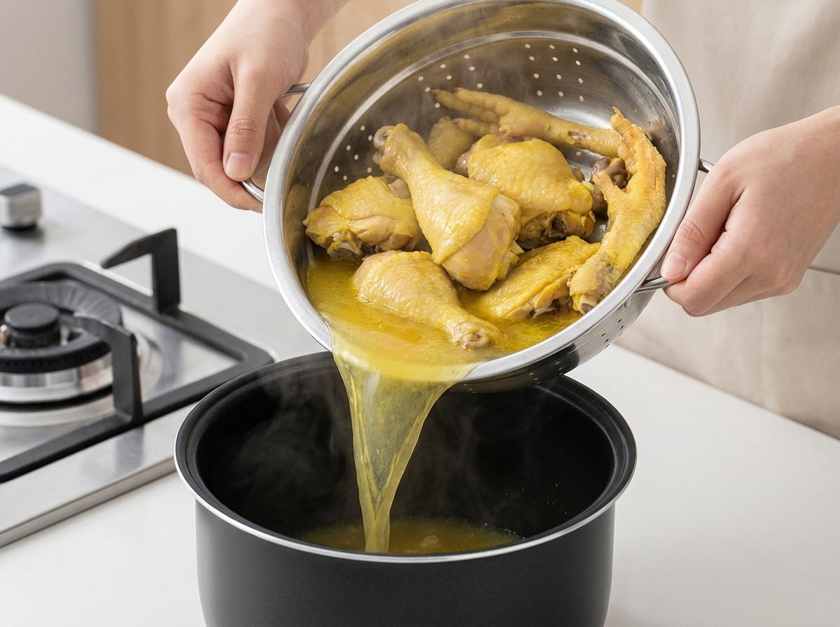 I pezzi di pollo e lo zenzero saltati versati da uno scolapasta in acciaio inox nella base di una pentola a pressione.