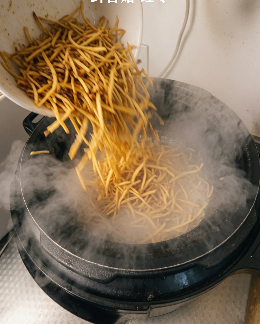 Una varietà di funghi e datteri rossi inseriti nella pentola a pressione con il pollo.
