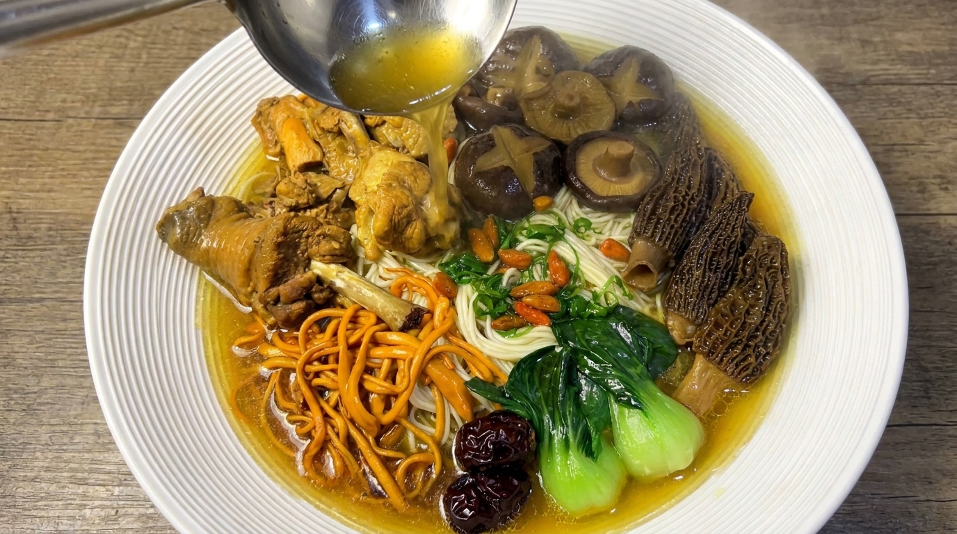 Una fumante ciotola di zuppa di pollo ai funghi e noodles, guarnita con bok choy fresco e un ricco brodo dorato.