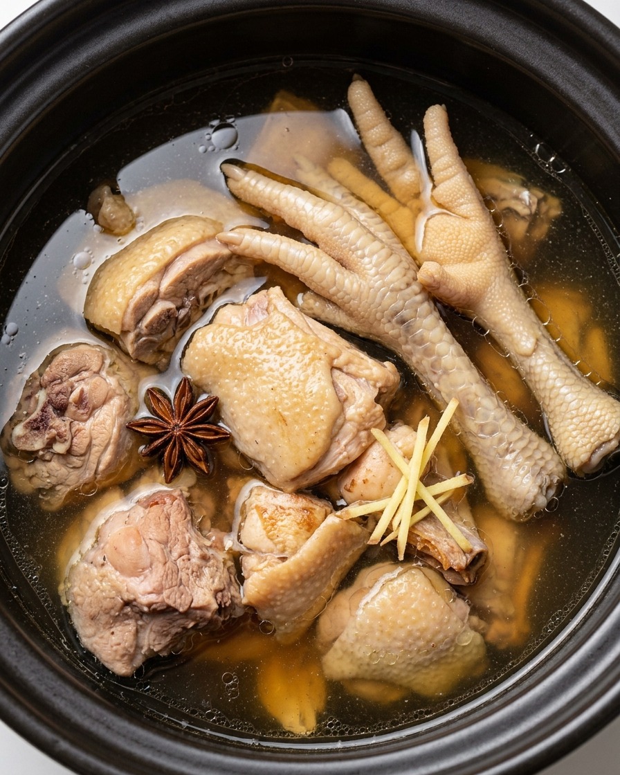 Pezzi di pollo rosolati e fette di zenzero allinterno di una pentola a pressione.