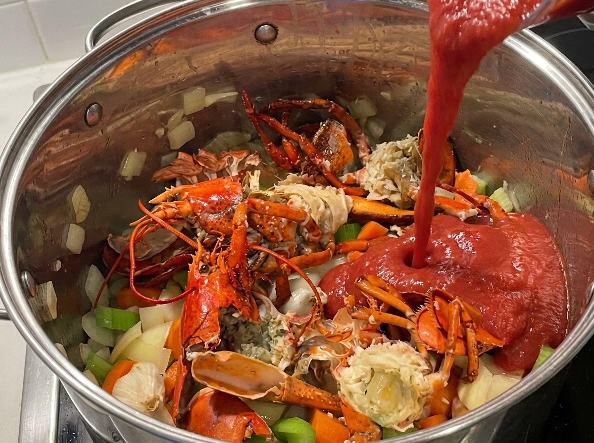 Passata di pomodoro rossa versata in una pentola contenente gusci di astice tostati e verdure.