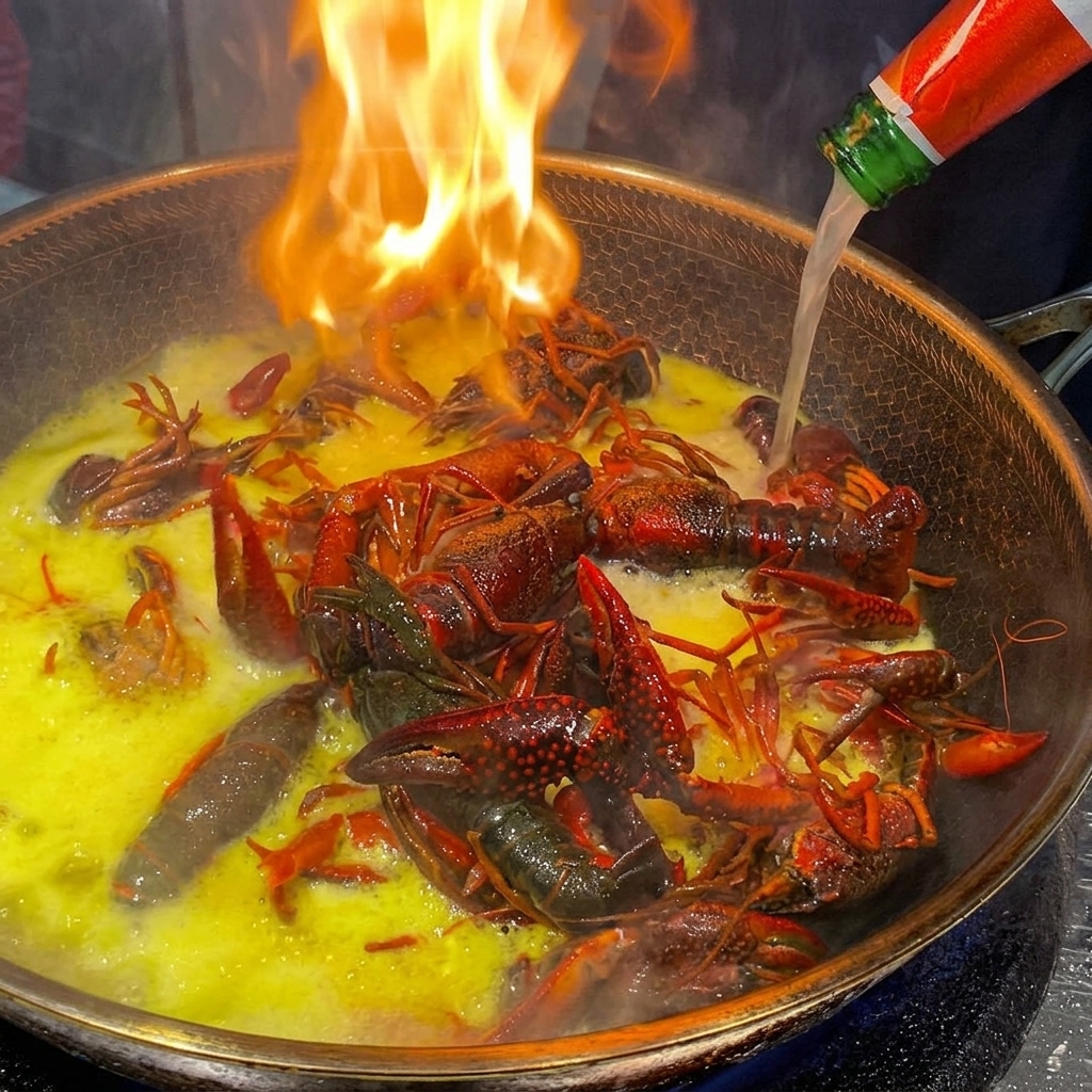 Della birra viene versata da una bottiglia verde in un wok fiammeggiante pieno di gamberi.