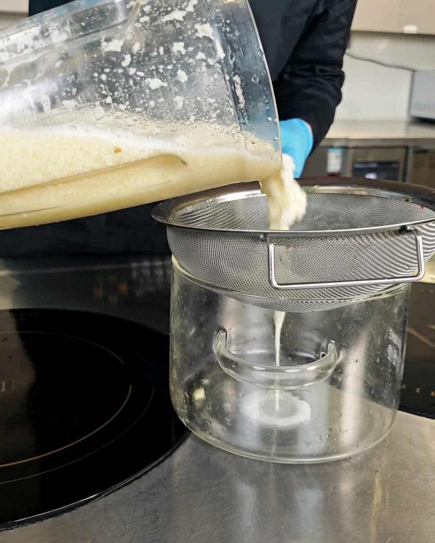Il composto di aglio frullato filtrato attraverso un colino in una pentola di vetro.
