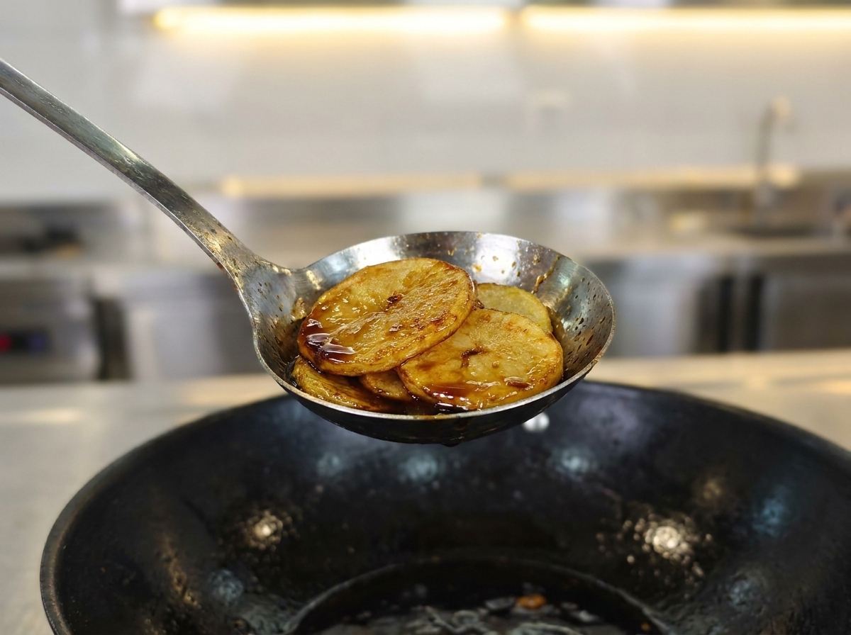 Fette di zenzero e pasta daglio che friggono in un wok caldo.