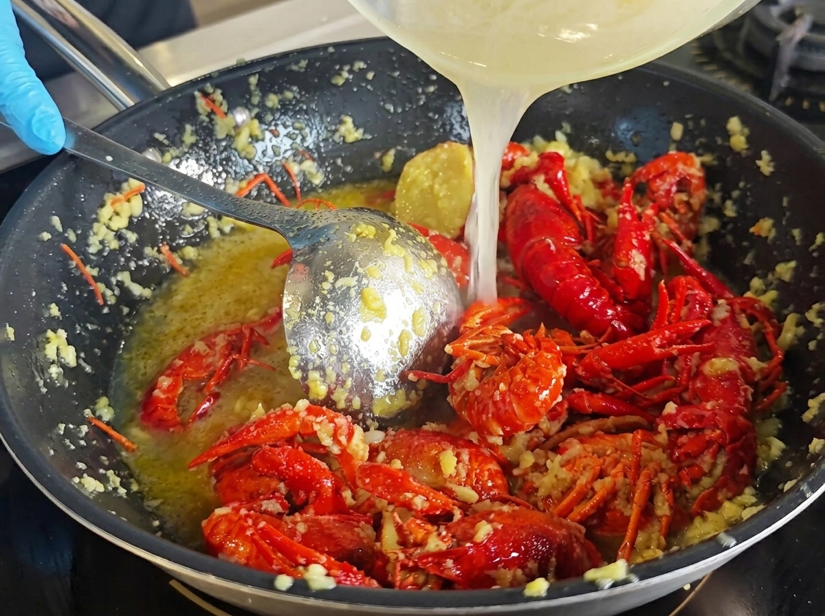 Liquido aromatizzato allaglio versato da una ciotola in un wok con gamberi fritti.