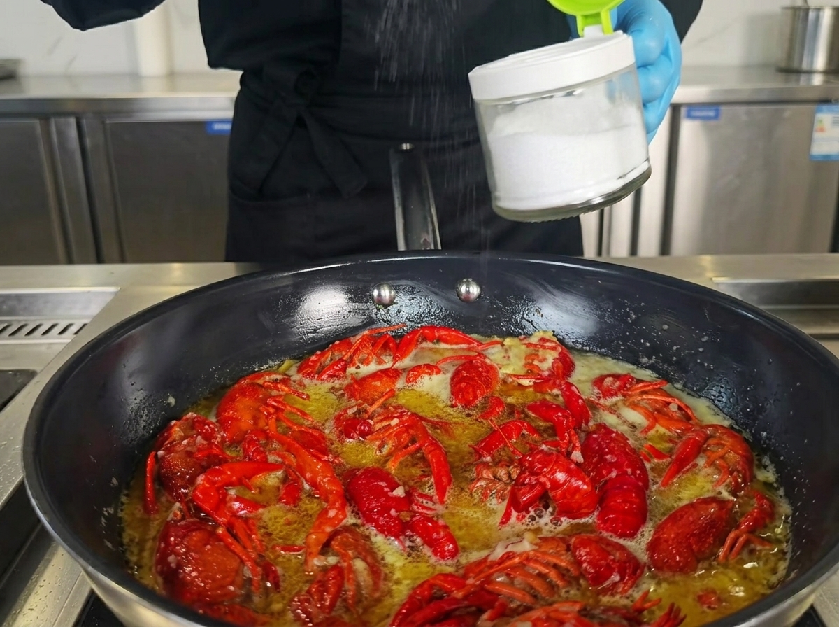 La mano dello chef che aggiunge condimento da un contenitore in un wok con gamberi.