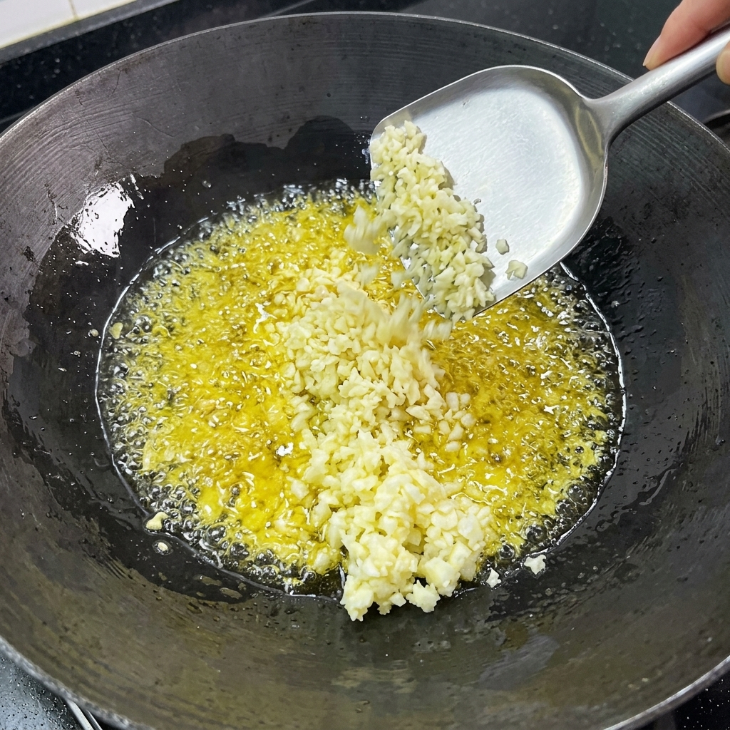 Aglio tritato che soffrigge in olio caldo in un wok.