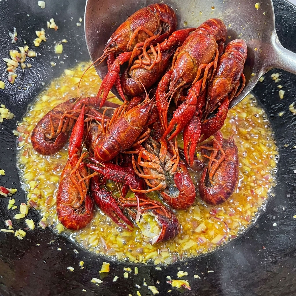 Gamberi sbollentati mescolati alla base di aglio e peperoncino nel wok.