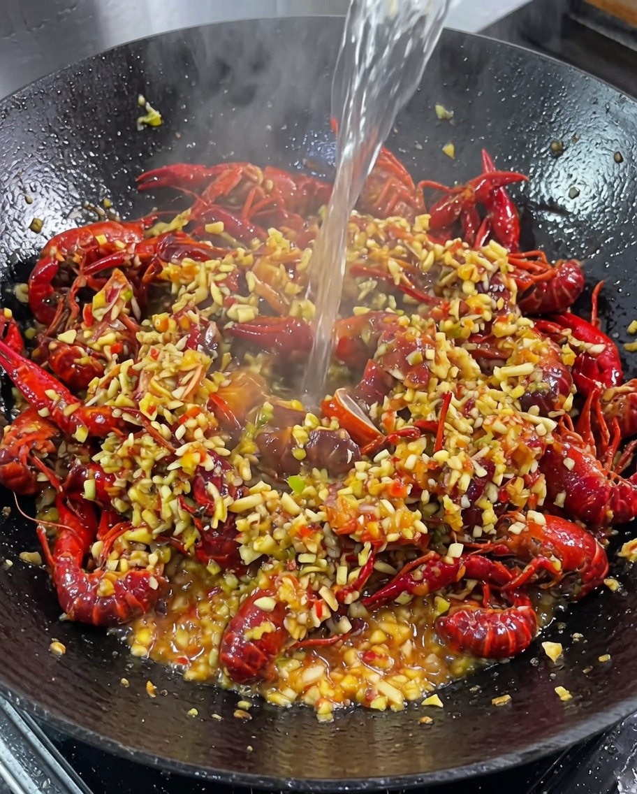 Birra e acqua versate nel wok con i gamberi e la salsa allaglio.