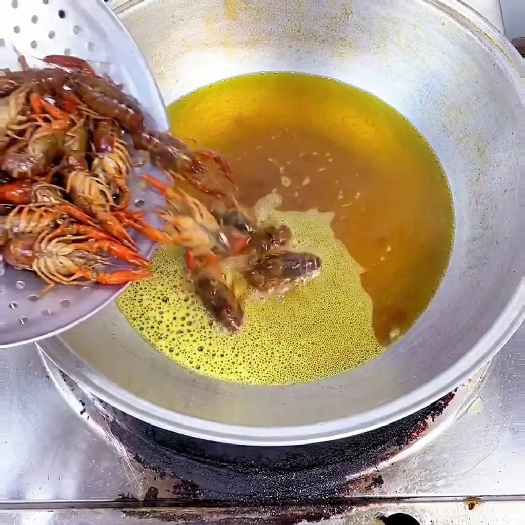 Gamberi crudi versati in un wok con olio caldo e dorato usando una schiumarola di metallo.
