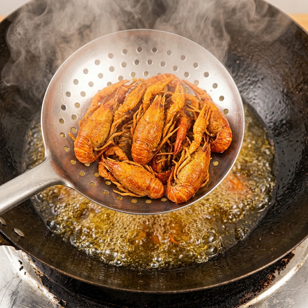 Gamberi fritti prelevati dallolio bollente in un wok con una schiumarola.