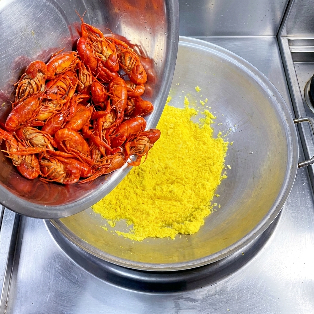 Gamberi arancioni pre-fritti versati in un wok contenente aglio tritato rosolato.
