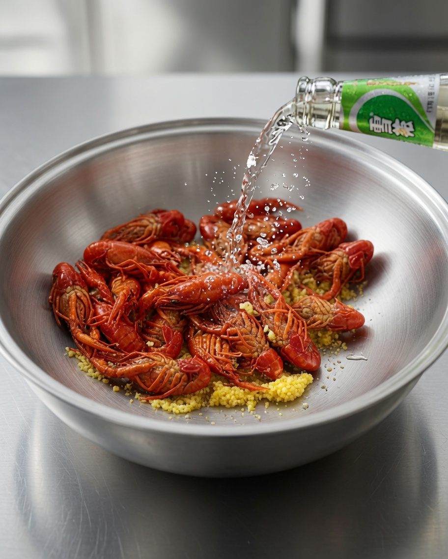 Liquido chiaro versato da una bottiglia di vetro verde sopra gamberi rossi e aglio in un wok.