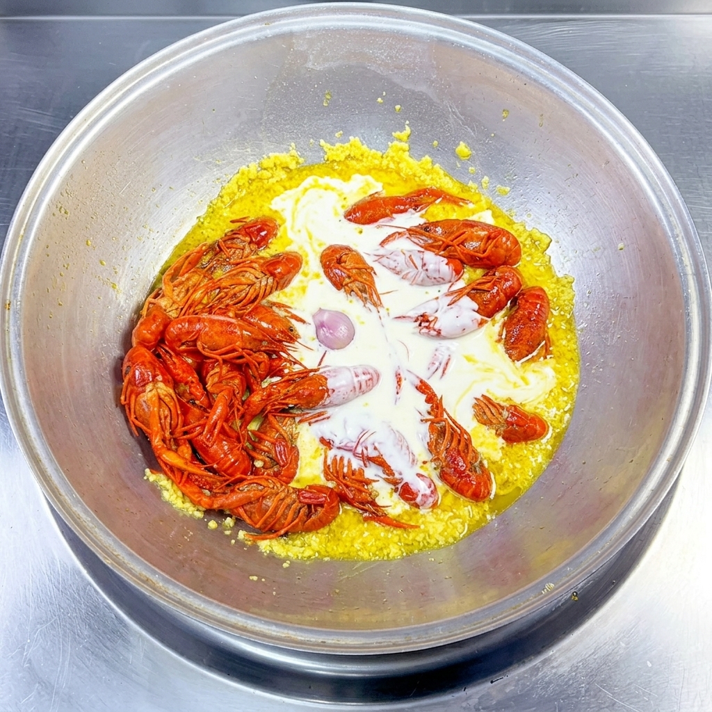 Latte bianco versato e mescolato ai gamberi rossi e allaglio dorato nel wok.