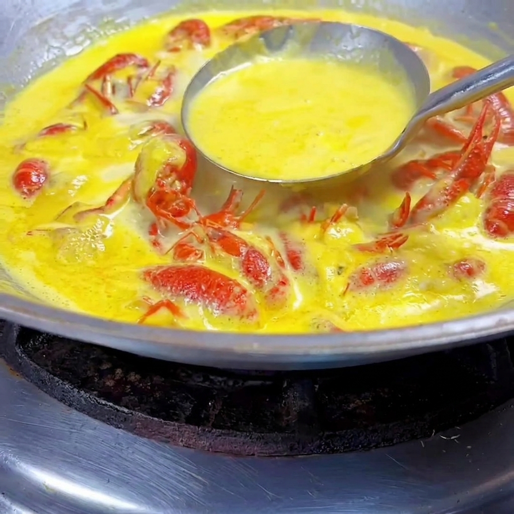 Un mestolo che mescola una densa e vibrante salsa gialla in un capiente wok pieno di gamberi cotti.